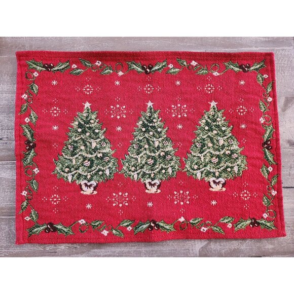 Festive Christmas Tree Woven Tapestry Placemats With Holly Border 17"by 12" - Picture 4 of 6